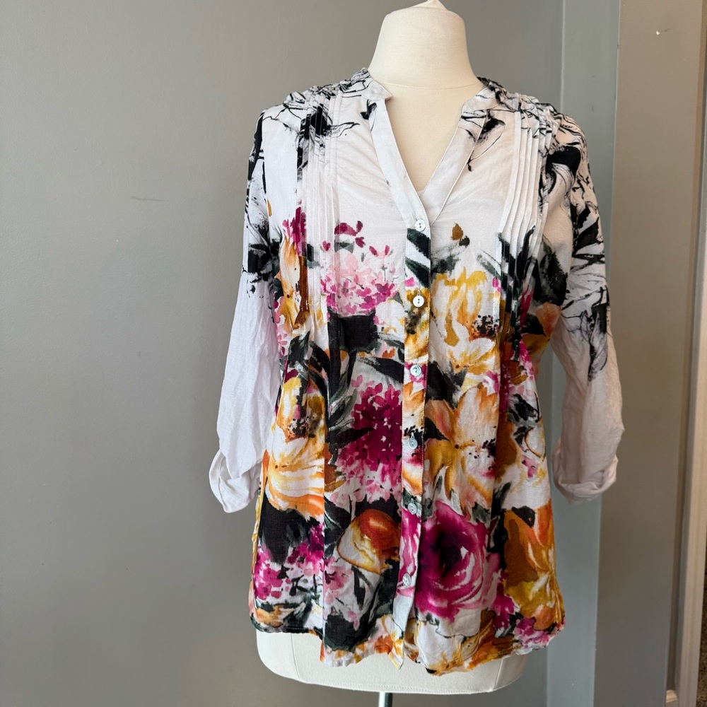 Soft Surroundings Champ De Fleurs Floral Button Shirt Blouse w/ Tank Petite Med